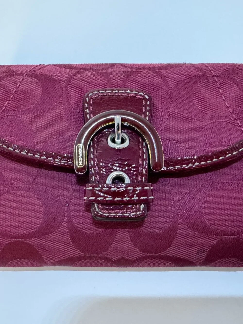 Coach Signature Burgundy Jacquard Buckle Wallet Patent Leather